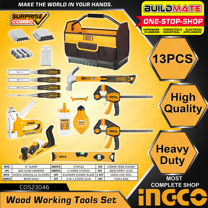BUILDMATE Ingco Woodworking Tools Set 13PCS/SET | 32PCS/SET Hammer Planer Staple Chalk Line Clamp Level Tool Bag Organizer Storage [SOLD PER SET] HKTHP10321 | COS23046 • IPX