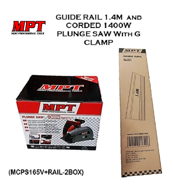MPT Corded Plunge Saw With G CLAMP 1400W PT/ Guide Rail 1.4M ACC  MCPS165V+RAIL-2BOX • MOST PROFESSIONAL TOOLS •