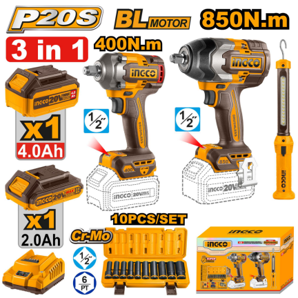 INGCO 20V Cordless 3pcs Combo Kit Set | Impact Wrench and Work Lamp for Mechanics & Repairs COSLI241195 ICPT - BUILDMATE