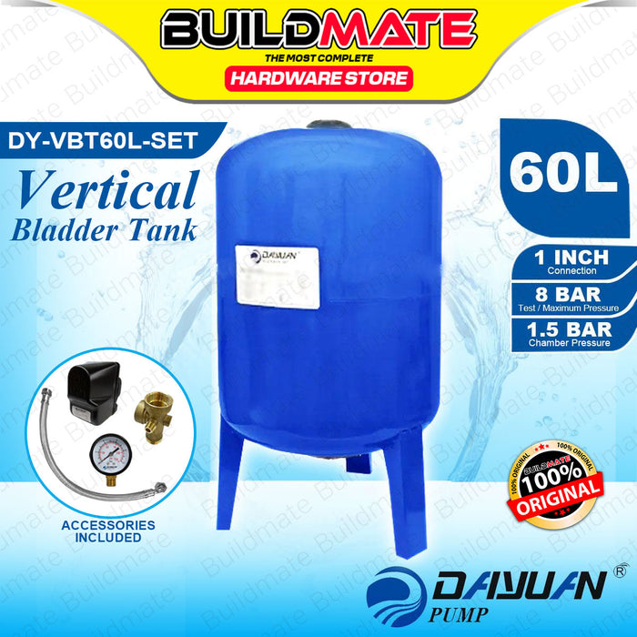 [SET] BUILDMATE Dayuan Vertical Bladder Pressure Tank 60L with 5-Way Connector,  Flexible Hose, Pressure Switch and Pressure Gauge for Water System DY-VBT60L-SET