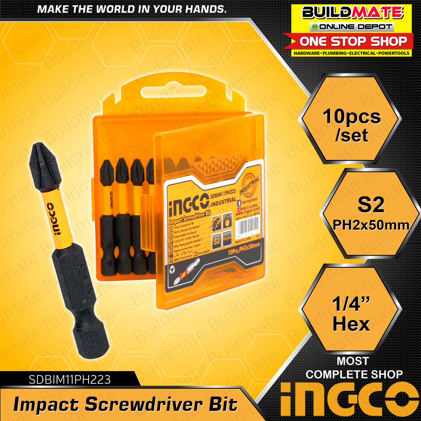 INGCO Industrial Impact Screwdriver Bit 10PCS/SET Steel Black Surface ...