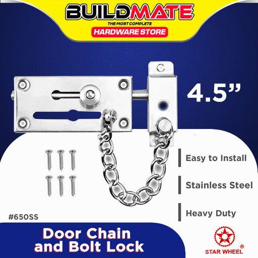 BUILDMATE Starwheel Stainless Steel Door Chain & Bolt Door Security Chain Slide Barrel Locking Bolt Safety Latch Lock 650SS