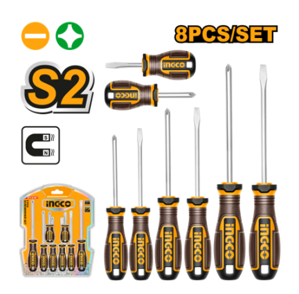 INGCO 8pcs Screwdriver Set Flat & Philips Tips for Multi-purpose Use HKSDS0828 IHT - BUILDMATE