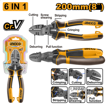 Buildmate x INGCO 6-in-1 Multi-Function 8" Diagonal Cutting Pliers HMFDCP28200 IHT