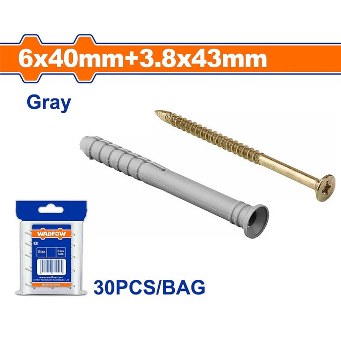 WADFOW Hammer Fixing Anchor 6x40mm / 8x80mm PE Hammer-In Fastener Concrete Anchor & Screw Set Wall Fixing Anchor Kit SOLD PER BAG - WHT