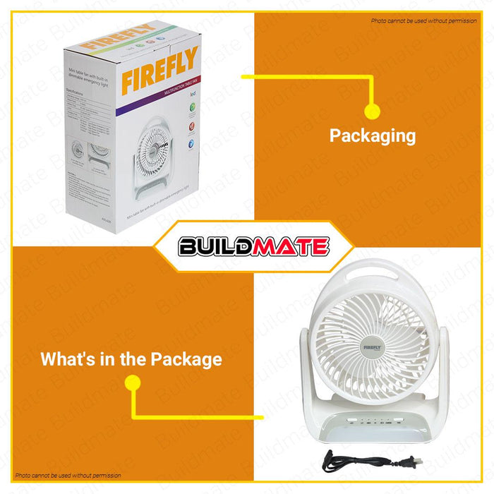 BUILDMATE Firefly Rechargeable Mini Table Fan with Built-In Dimmable Emergency Light and Brushless Motor FEL628