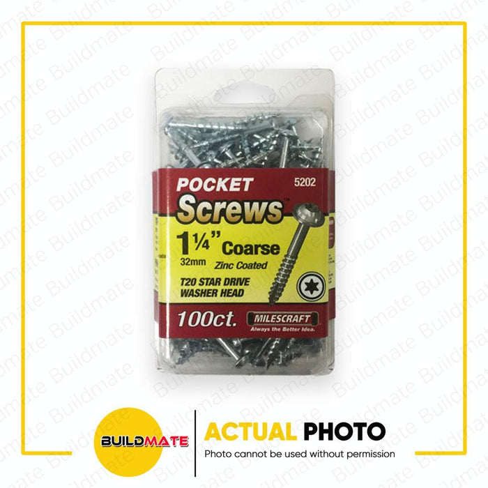 BUILDMATE Milescraft 100PCS/PACK Pocket Screw Coarse 1"  / 1.25"  / 1.5" Self -Tapping T20 Washer Head Pocket Hole Star Screws  #5201 #5202 #5204