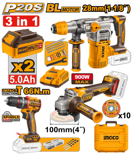 INGCO 20V Cordless 3pcs Combo Kit Set | Impact Drill, Angle Grinder, Rotary Hammer COSLI2411830 ICPT - BUILDMATE