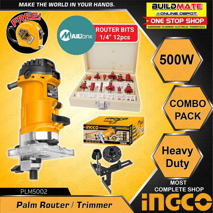 [BUNDLE] INGCO Laminate Router Trimmer 500W PLM5002 WITH Router Bit SET 1/4" +FREE TAPEMEASURE •BUILDMATE• IPT