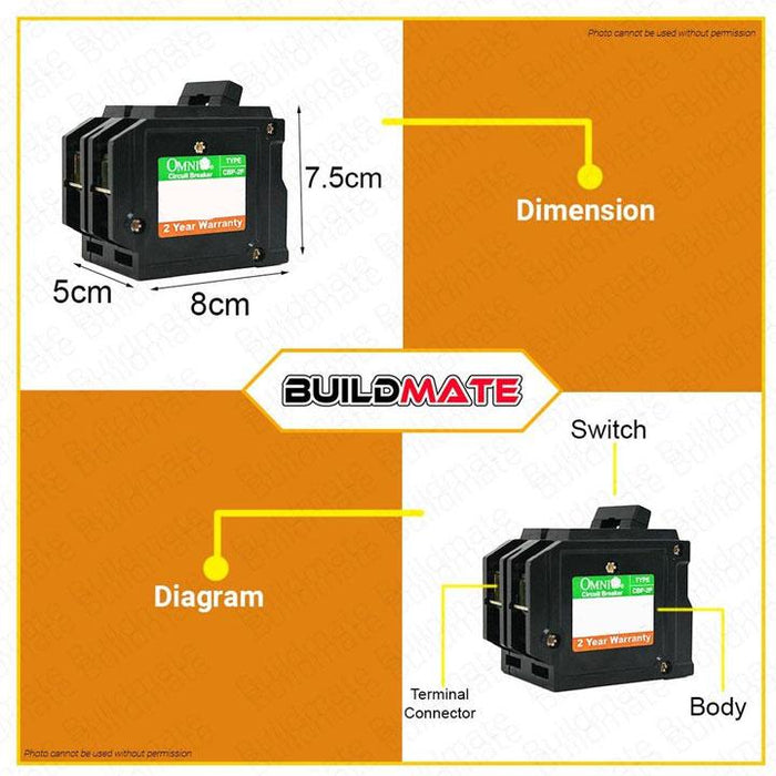 BUILDMATE Omni Plug In Circuit Breaker 2 Poles  15A-60A Electrical Double Pole Circuit Protection Plugin Breaker CBP-2P SOLD PER PIECE