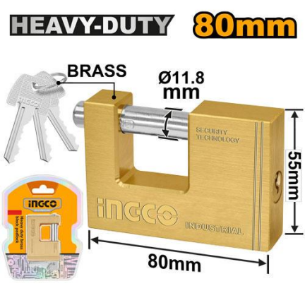 INGCO 60mm-90mm Heavy Duty Brass Block Padlock Anti-Theft High Security Outdoor Keyed Door Lock with 3pcs Brass Keys SOLD PER PIECE - HT2