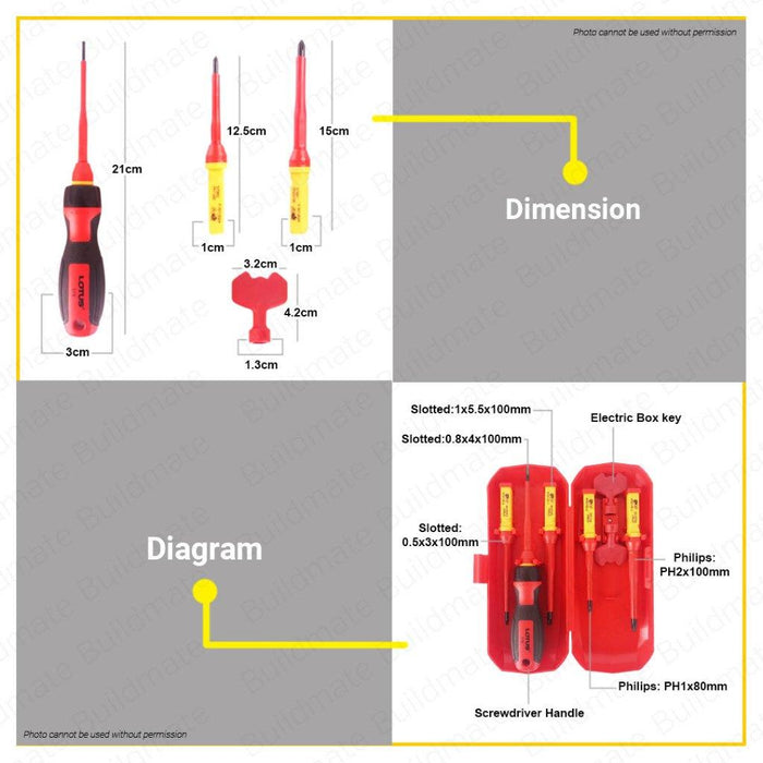 BUILDMATE Lotus 8pcs VDE Insulated Screwdriver Set Slotted Phillips Screw Driver Electrician Hand Repair Tool Kit LTHT8VSX - LHT