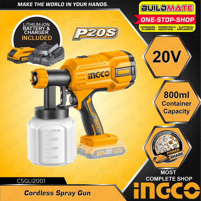 INGCO Cordless Paint Spray Gun Set Wireless 20V CSGLI2001 •BUILDMATE• ICPT
