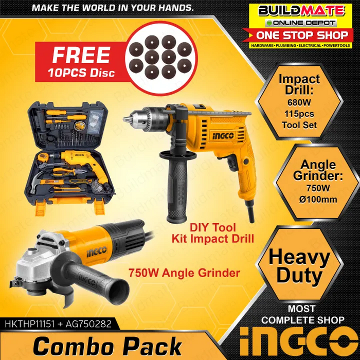 [COMBO] INGCO DIY TOOLKIT Impact Drill 115PCS HKTHP11151 & Angle Grinder 750W AG750282 +FREE •BUILDMATE• IPT