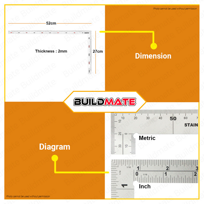 WADFOW Angle Square 500mmx250mm 20"x10" Inch L-Square L-Ruler Angle Ruler WSR4350 •BUILDMATE• WHT