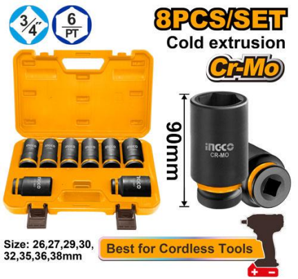 INGCO 8pcs 3/4" Drive Deep Impact Socket Set for Loosening & Tightening HKISSD34082L IHT - BUILDMATE