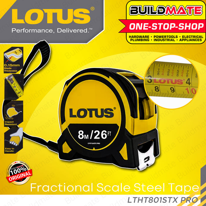 BUILDMATE Lotus Steel Tape with Grip 3M | 5M | 8M | 10M PRO [SOLD PER PIECE] Measuring Tape Measure Fraction Scale Metric, Inch, Fraction Continuous Marking Blade Easy To Read Both Side Triple Ruler, Retractable Portable Measure Tape Tool • LHT