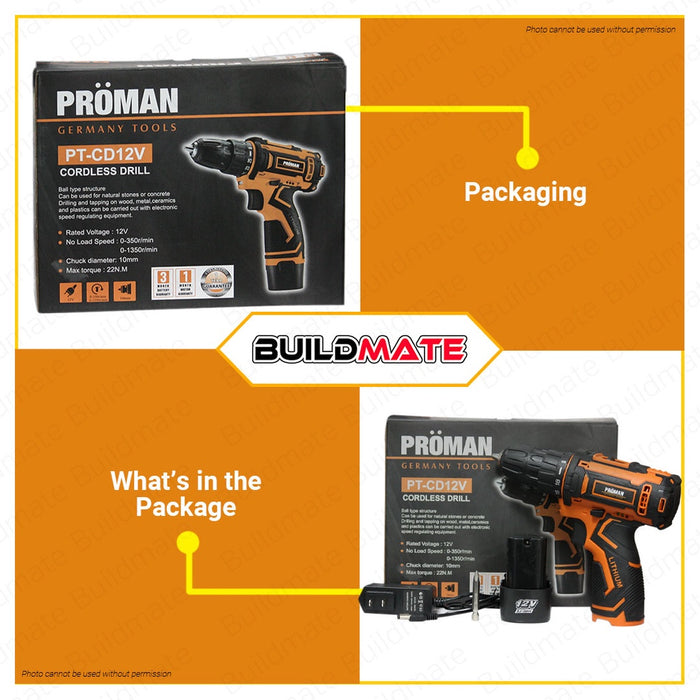 [SUPER SALE] PROMAN Cordless Drill 12V Drilling Screwdriver PT-CD12V1B +FREE ECO BAG •BUILDMATE•