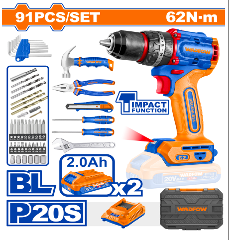 Buildmate x Wadfow 91PCS Tool Set with 20V Brushless Impact Drill WDT4B91 WCPT