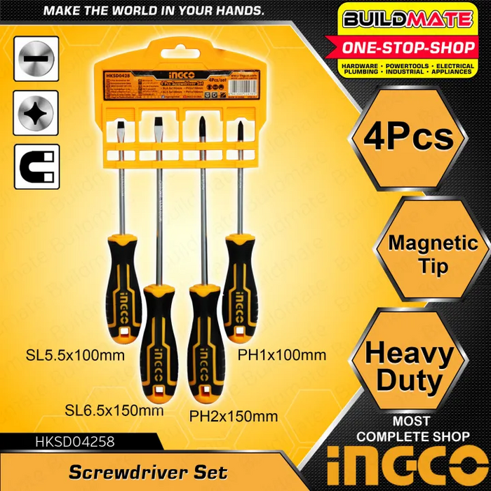 INGCO 4PCS Screwdriver Set Phillip & Slotted Screw Driver Magnetic Tip Tools HKSD0428 •BUILDMATE HT2