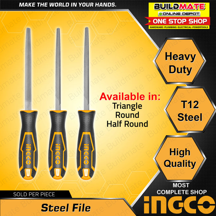BUILDMATE Ingco Steel File 200mm (8") Round / Triangle / Half-Round T12 Metalworking Edges Shaping File  Filing Tool  SOLD PER PIECE - IHT