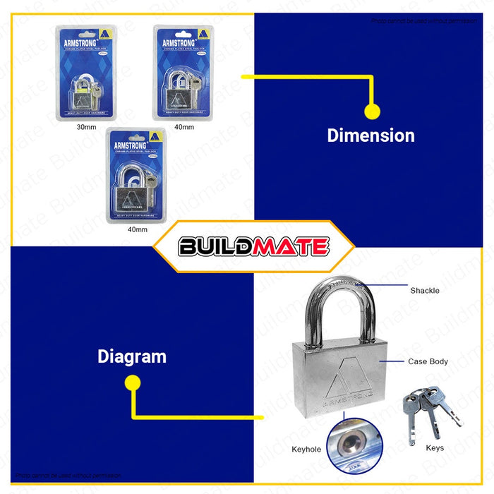 AMSTRONG Chrome Plated Steel Padlock Short Shackle 30mm | 40mm | 50mm SOLD PER PIECE •BUILDMATE•