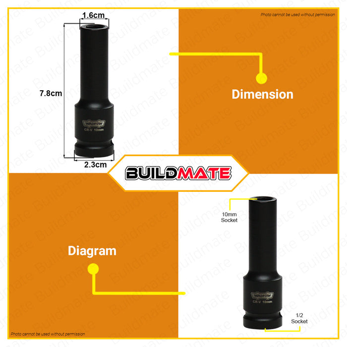 WADFOW 1/2" Inch Deep Impact Socket 10MM to 27MM [SOLD PER PIECE] Impact Socket Wrench Cold Extrusion Drive Impact Sockets Deep Sockets Black Cr-V Steel Metric Deep Impact Wrench Socket Hand Tool •BUILDMATE• WHT