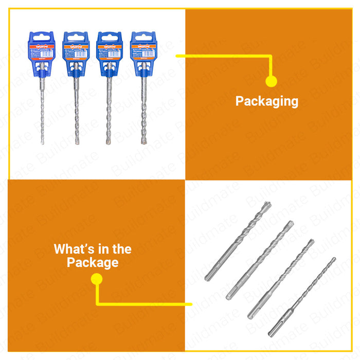 WADFOW Hammer Rotary SDS Plus Drill Bit 6X160MM | 8X160MM | 10X160MM | 12X160MM [SOLD PER PIECE] Double Flute Hammer Drill Bits Carbide Masonry Drill Bit For Brick, Stone, and Concrete WHD3201 | WHD3202 | WHD3203 | WHD3204 •BUILDMATE• WHT