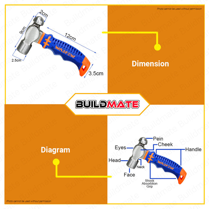 WADFOW Mini Ball Pein Hammer 8oz Ballpein Ball-peen Hammer Unique Design Fiberglass Handle Drop-forged Hammerhead Double Striking Heads For Household Workshop Repair WHM53D8 •BUILDMATE• WHT