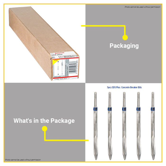 BUILDMATE Bosch 5pcs SDS Plus-5C Pointed / Flat Chisel 250mm Concrete Chiselling For Rotary Hammer Drills & Demolition Hammers - BAX