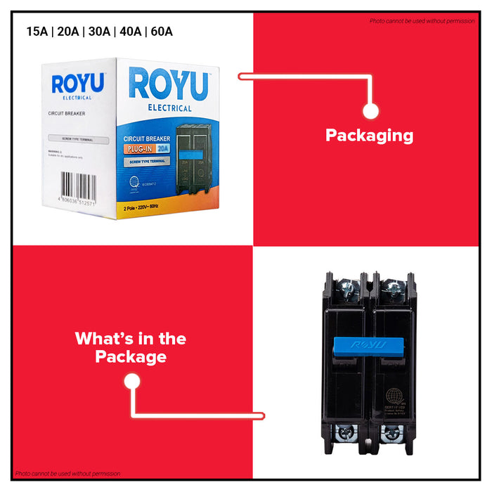 BUILDMATE Royu Mini Circuit Breaker Plug In Type Screw Terminal 2 Pole 15A | 20A | 30A | 40A | 60A | 100A Electrical Safety Breaker Safety Circuit Breaker Electrical Outlet Cover Electrical Circuit Safety Plug-In Breaker Mechanical Lug Terminal •