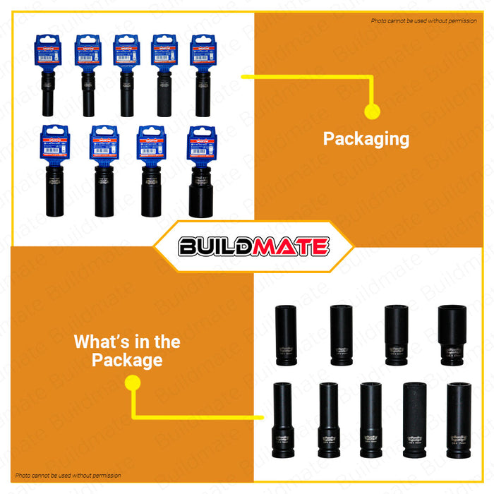WADFOW 1/2" Inch Deep Impact Socket 10MM to 27MM [SOLD PER PIECE] Impact Socket Wrench Cold Extrusion Drive Impact Sockets Deep Sockets Black Cr-V Steel Metric Deep Impact Wrench Socket Hand Tool •BUILDMATE• WHT