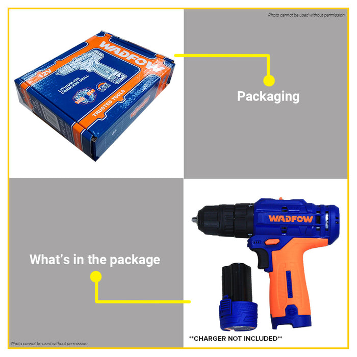 BUILDMATE Wadfow 12V Lithium-Ion Cordless Drill 20Nm 2-Speed Gear Rechargeable Drill Driver Power Tools (CHARGER SOLD SEPARATELY) WCDS520 - WCPT