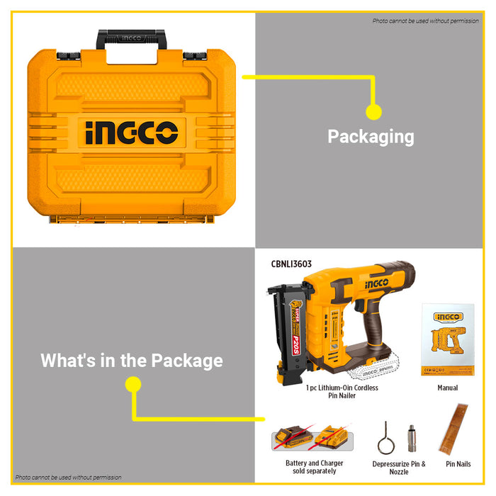 BUILDMATE Ingco 20V Lithium-Ion Cordless Pin Nailer 10-35mm Air Stapler Compressed Pneumatic Lightweight Nailer for Carpentry & Furniture Making - ICPT