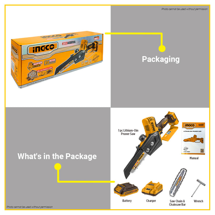 BUILDMATE Ingco Lithium-Ion Cordless Brushless Pruner Saw 20V Rechargeable Handheld Tree Pruning Branch Cutter Wood Garden Trimming Saw CGSLI20681 - ICPT