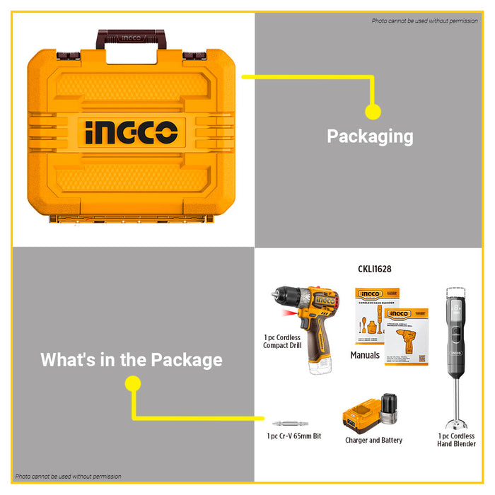 BUILDMATE Ingco 16V Combo Kit Set 2pcs / 3pcs Cordless Compact Drill Hand Blender Hand Mixer for Drilling & Mixing - ICPT