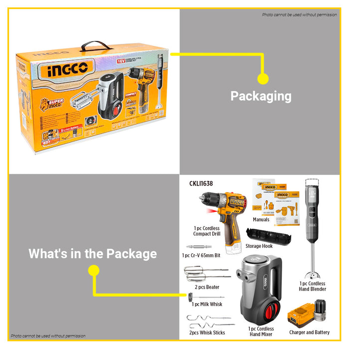 BUILDMATE Ingco 16V Combo Kit Set 2pcs / 3pcs Cordless Compact Drill Hand Blender Hand Mixer for Drilling & Mixing - ICPT