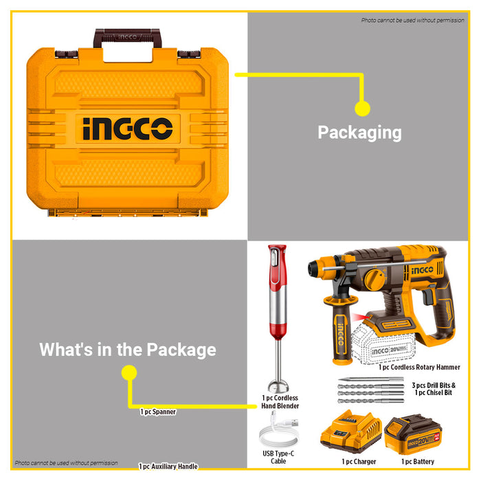 BUILDMATE Ingco 2PCS Combo Set 20V Cordless Rotary Hammer Chipping Gun Hand Blender COSLI240208 ICPT