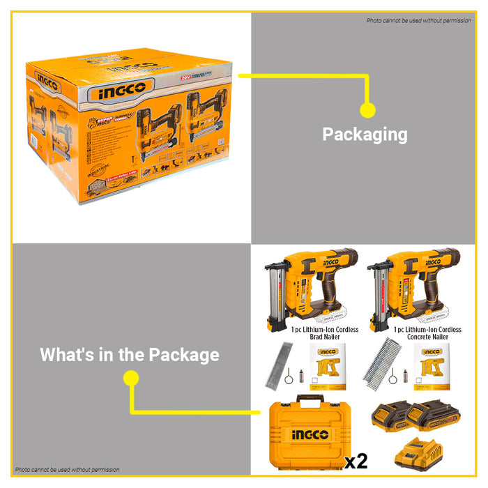 BUILDMATE Ingco 2pcs Cordless Combo Kit 20V Lithium-Ion Cordless Brad Nailer 18GA & Concrete Nailer ST18 COSLI240301 - ICPT