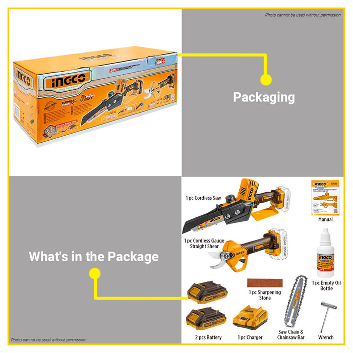 BUILDMATE Ingco 20V Lithium-Ion Cordless Gauge Straight Shear Combo Kit Mini Chain Saw & Gauge Straight Shear Cordless Tools Set COSLI240306 - ICPT