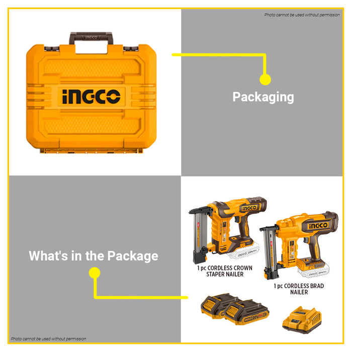 BUILDMATE Ingco 2pcs Cordless Combo Kit Brad Nailer With Crown Stapler Power Tool Set COSLI240901 - ICPT