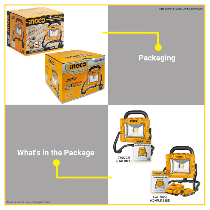 BUILDMATE Ingco Lithium-Ion Cordless Portable Work Lamp 20V Rechargeable Safety Hanging LED Work Light CWLI2025 / CWLI20258 - ICPT