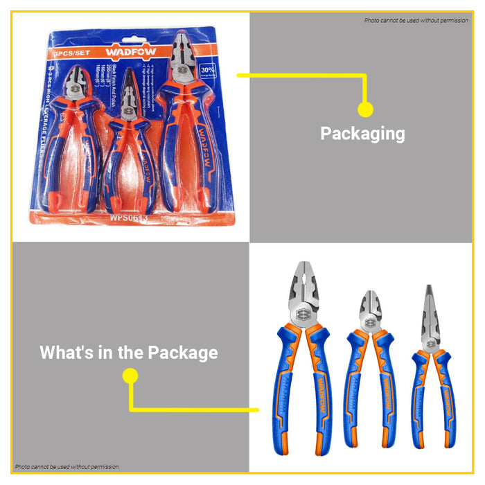 BUILDMATE Wadfow 3pcs High Leverage Pliers Set 6" - 8" Inch Combination, Long Nose, Diagonal Cutting Plier Hand Tools SOLD PER SET WPS0613 - WHT