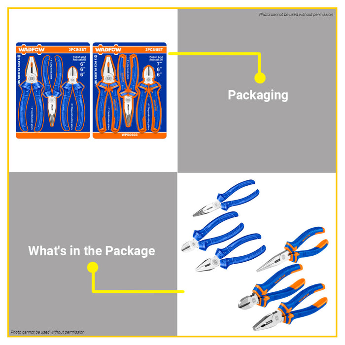 BUILDMATE Wadfow 3pcs Pliers Set Combination, Long Nose, Diagonal Cutting Plier Multi-Purpose Hand Repair Tool Kit Set - WHT