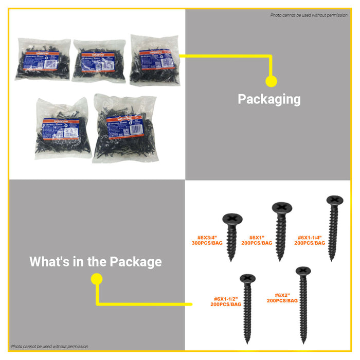 BUILDMATE Wadfow Drywall Screw 19mm-50mm Phillips Bugle Head Fine Thread Wallboard Sharp Point Black Phosphated Fastener SOLD PER PACK - WHT