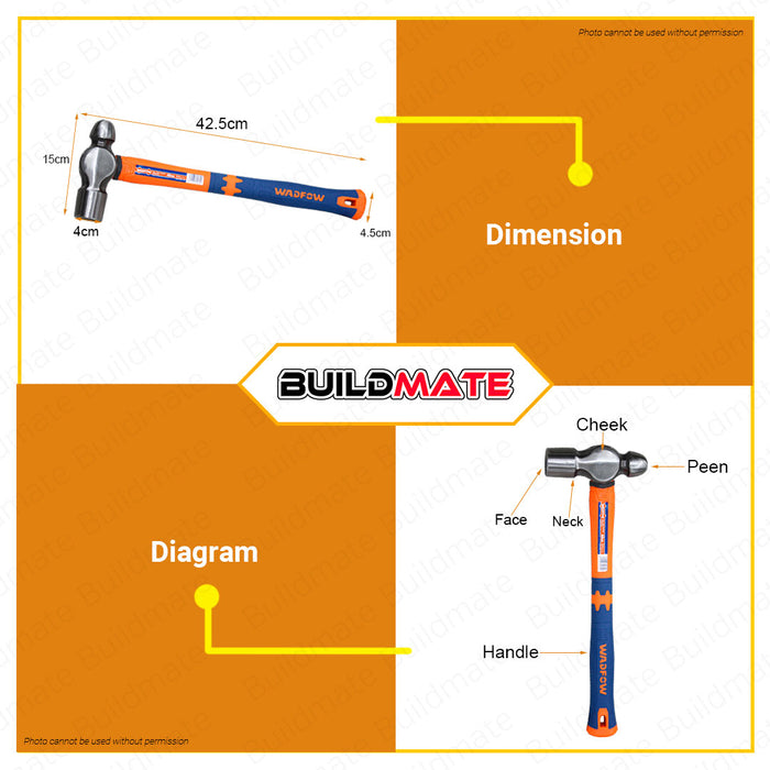 BUILDMATE Wadfow Ball Pein Ballpein Ball-peen Hammer 16oz | 24oz | 32oz | 48oz [SOLD PER PIECE] Unique Design Fiberglass Handle Drop-forged Hammerhead Double Striking Heads for Household Workshop Repair • WHT