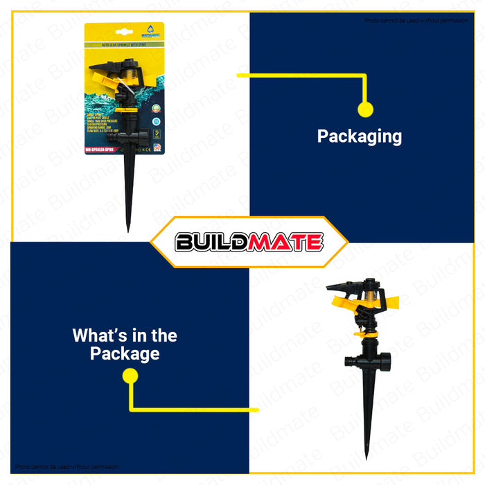 BUILDMATE Waterhouse Auto Gear Sprinkle with Spike 20M Lawn Sprinkler Garden Pulsating Sprinkler Water Sprayer Grass Plant Arm Rotating Sprinkler Impact Sprinkler Circular Spray Pattern WH-SPRKLER-SPIKE