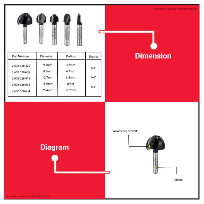 BUILDMATE Bosch 1/4" Inch Core Box Bit Router Bits Cutter 1/8" - 1/2" Inch Standard for Wood - BAX