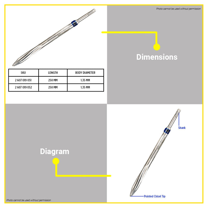 BUILDMATE Bosch 5pcs SDS Plus-5C Pointed / Flat Chisel 250mm Concrete Chiselling For Rotary Hammer Drills & Demolition Hammers - BAX