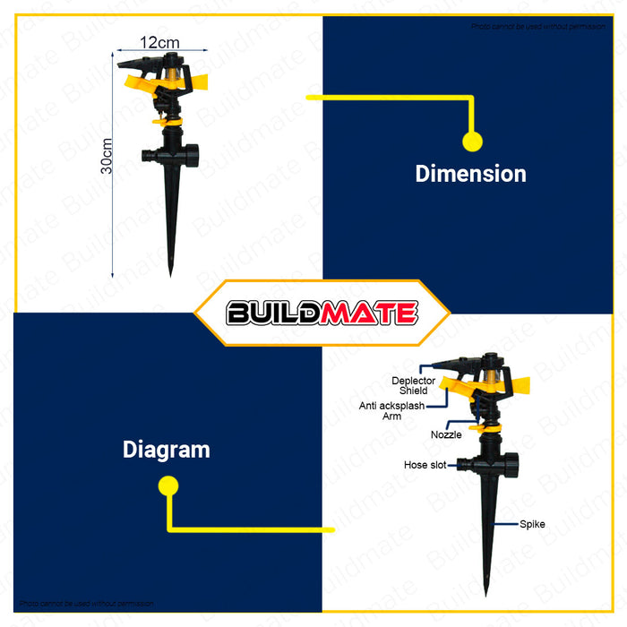 BUILDMATE Waterhouse Auto Gear Sprinkle with Spike 20M Lawn Sprinkler Garden Pulsating Sprinkler Water Sprayer Grass Plant Arm Rotating Sprinkler Impact Sprinkler Circular Spray Pattern WH-SPRKLER-SPIKE